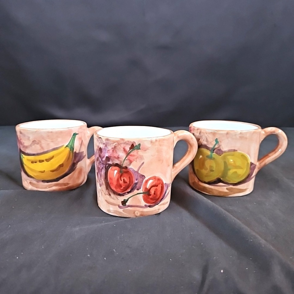 Vintage Made in Italy Pottery Hand Painted Mugs Set of 3 Fruit Coffee Tea